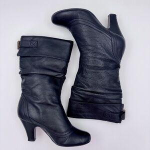 Steve Madden Women's Black Leather Slouchy/Ruched Mid-Calf Heel Boots - Size 5.5